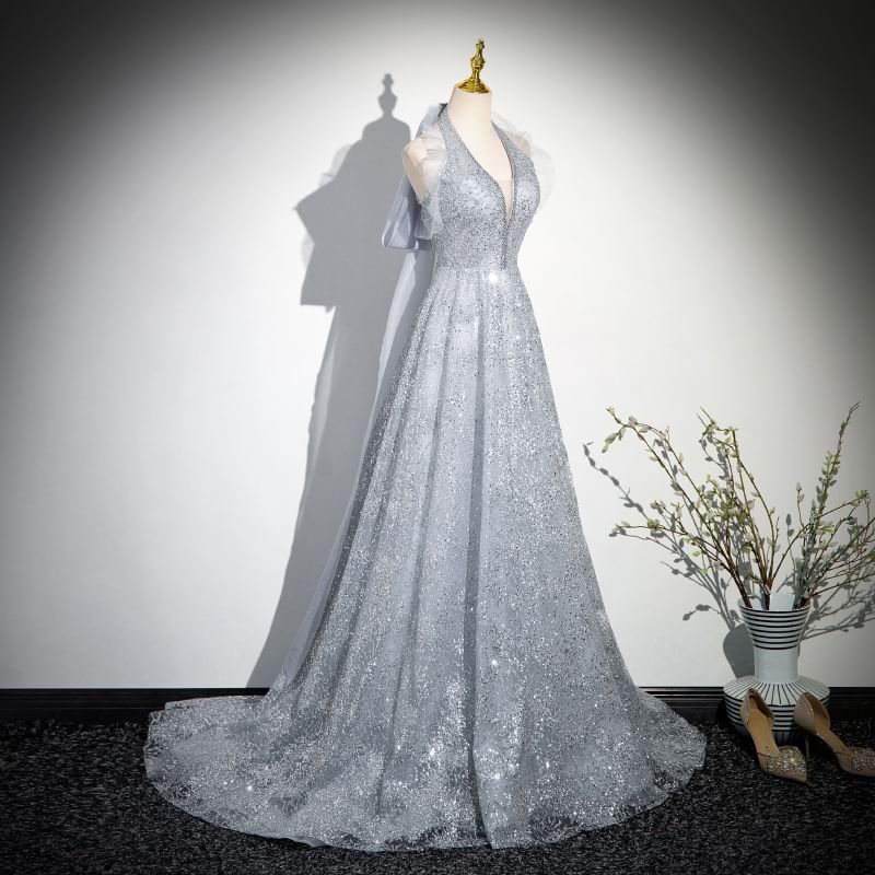 Plain Gown Halter A-Line Evening Mesh Sequin