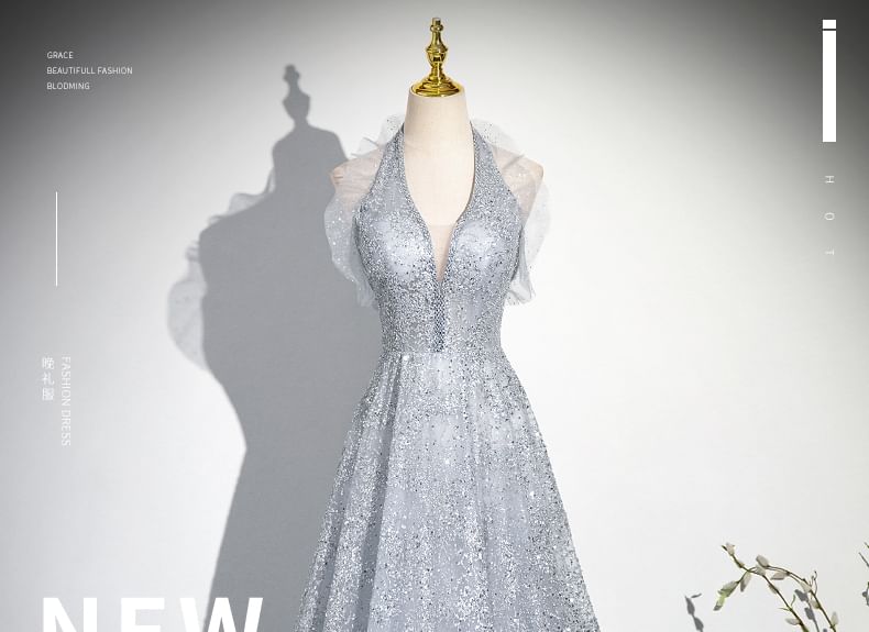 Plain Gown Halter A-Line Evening Mesh Sequin