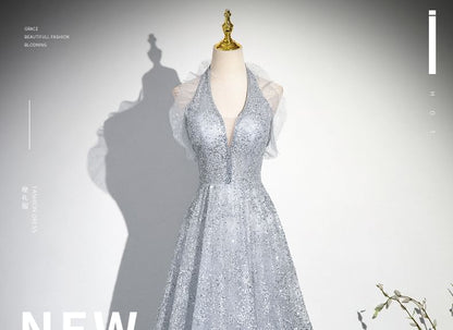 Plain Gown Halter A-Line Evening Mesh Sequin