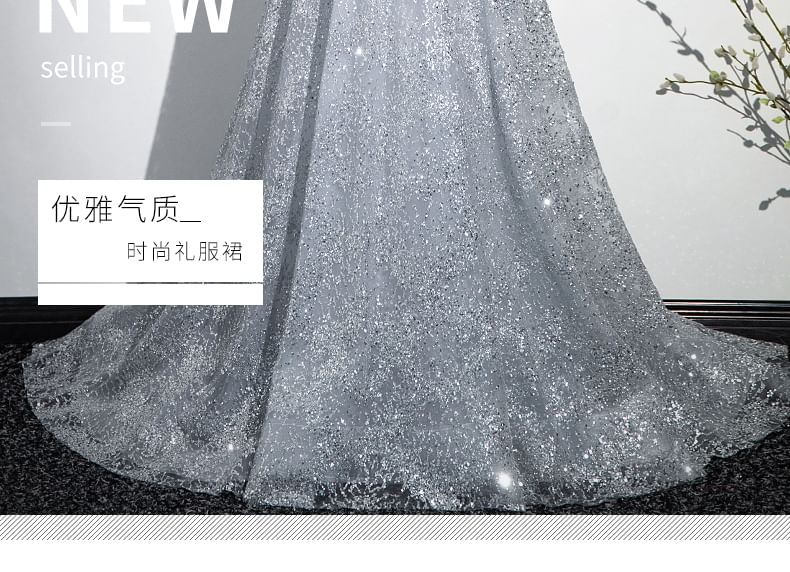 Plain Gown Halter A-Line Evening Mesh Sequin
