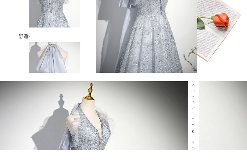 Plain Gown Halter A-Line Evening Mesh Sequin