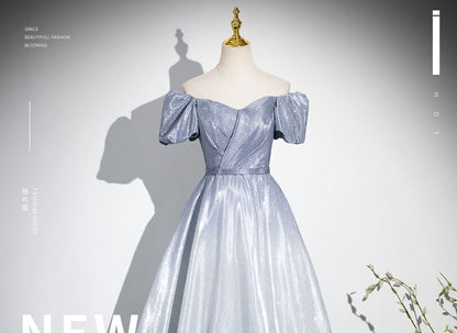 Short-Sleeve Square Neck Gradient A-Line Evening Gown