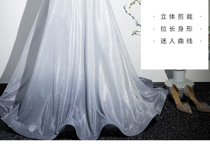 A-Line Square Gradient Gown Neck Short-Sleeve Evening