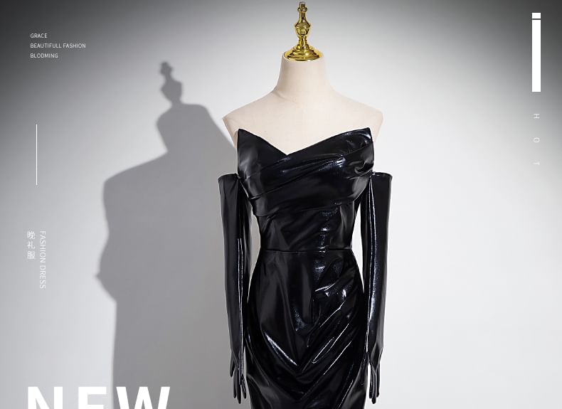 Set: Plain Ruched Faux Leather Mermaid Tube Evening Gown + Gloves