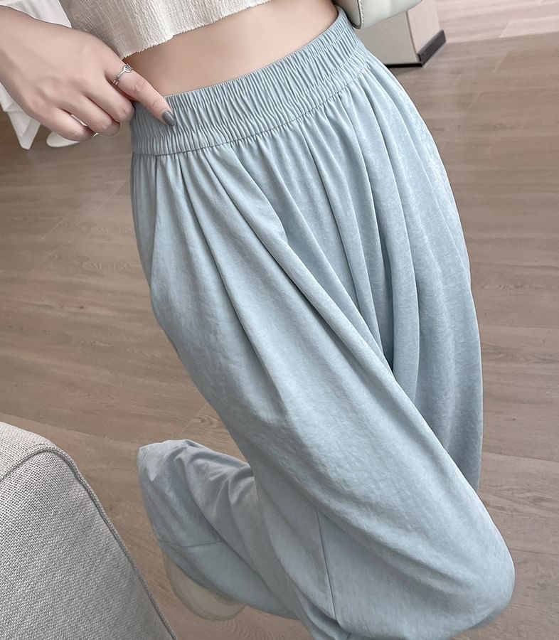 High Waist Wide Leg Plain Elastic Waist Pants