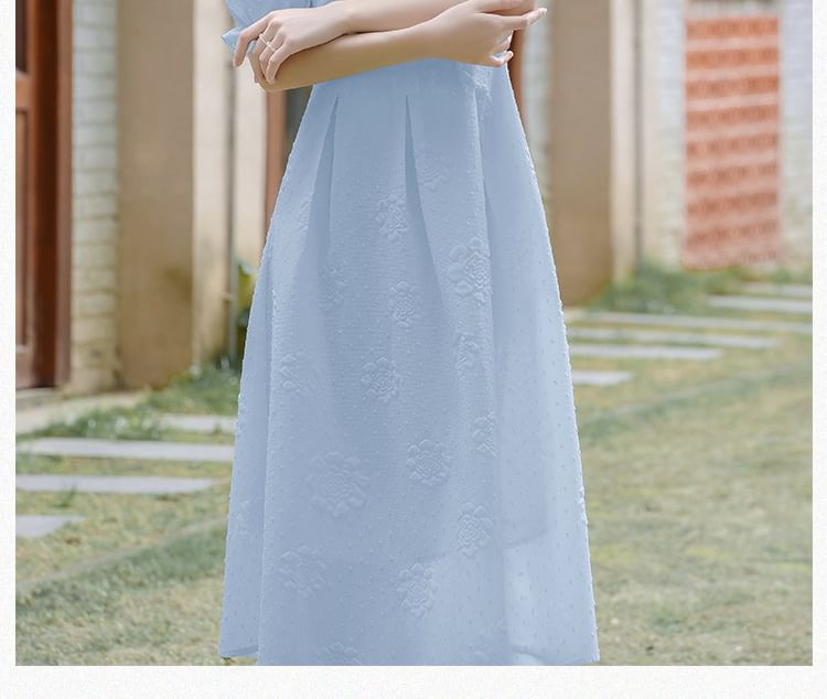 Short-Sleeve Square Neck Plain Midi A-Line Dress