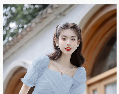 Short-Sleeve Square Neck Plain Midi A-Line Dress