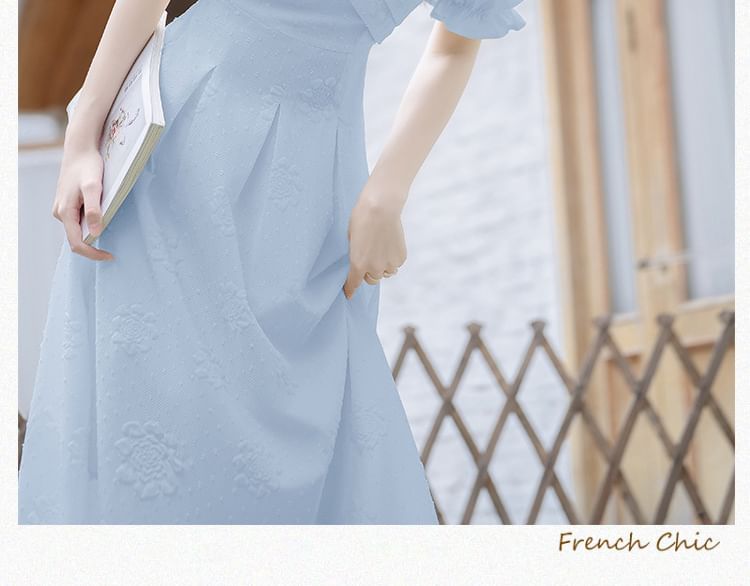 Short-Sleeve Square Neck Plain Midi A-Line Dress