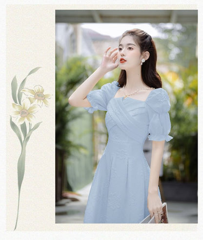 Short-Sleeve Square Neck Plain Midi A-Line Dress