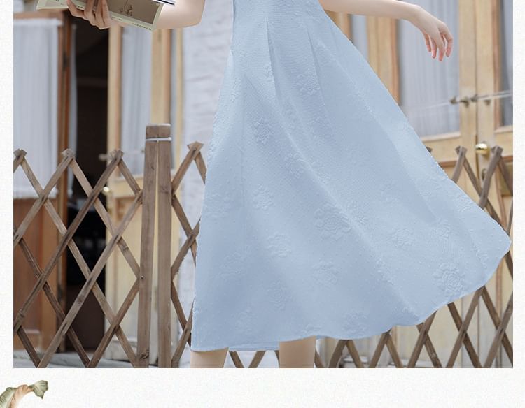 Short-Sleeve Square Neck Plain Midi A-Line Dress