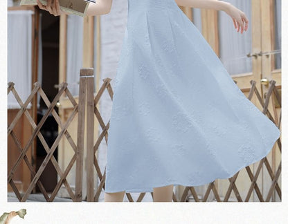 Short-Sleeve Square Neck Plain Midi A-Line Dress