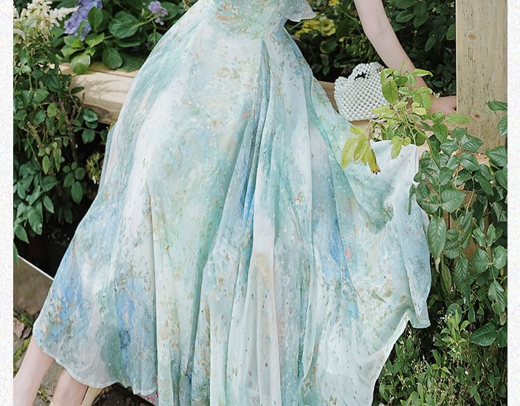 Spaghetti Strap Print Midi A-Line Dress / Plain Cardigan / Set