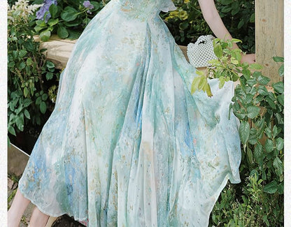 Spaghetti Strap Print Midi A-Line Dress / Plain Cardigan / Set