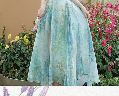 Spaghetti Strap Print Midi A-Line Dress / Plain Cardigan / Set