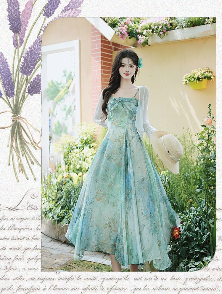 Spaghetti Strap Print Midi A-Line Dress / Plain Cardigan / Set