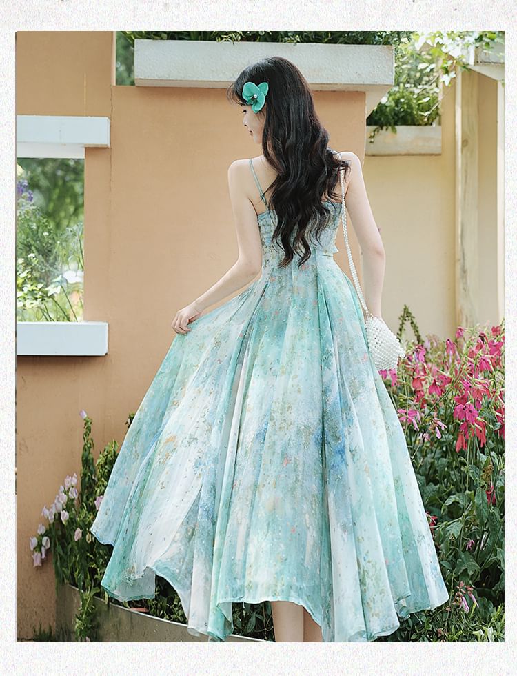 Spaghetti Strap Print Midi A-Line Dress / Plain Cardigan / Set