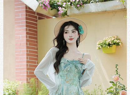 Spaghetti Strap Print Midi A-Line Dress / Plain Cardigan / Set