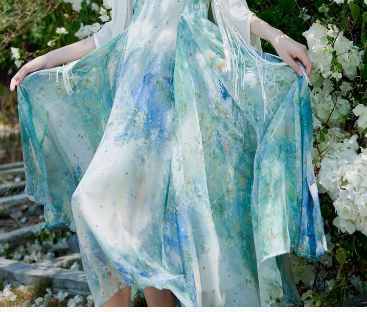 Plain Light Cardigan / Spaghetti Strap Floral Print Midi A-Line Dress / Set