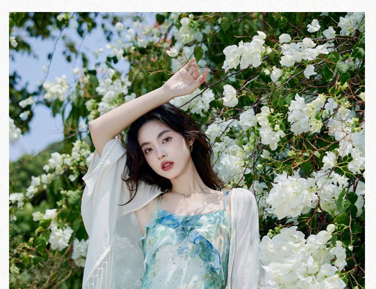 Plain Light Cardigan / Spaghetti Strap Floral Print Midi A-Line Dress / Set