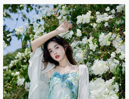 Plain Light Cardigan / Spaghetti Strap Floral Print Midi A-Line Dress / Set