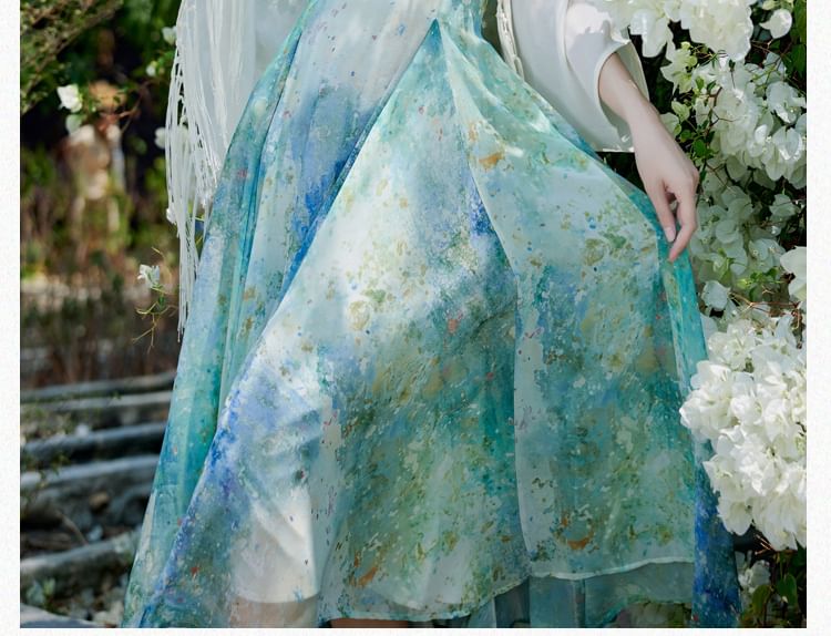 Plain Light Cardigan / Spaghetti Strap Floral Print Midi A-Line Dress / Set