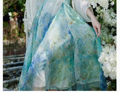 Plain Light Cardigan / Spaghetti Strap Floral Print Midi A-Line Dress / Set