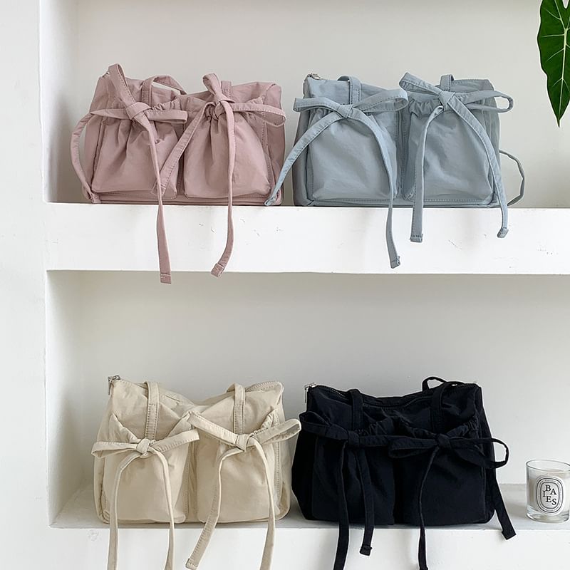 Plain Bow Accent Nylon Tote Bag