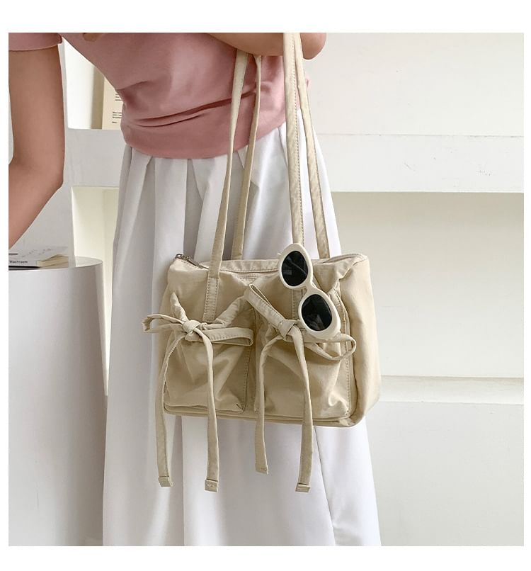 Plain Bow Accent Nylon Tote Bag