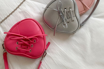Chain Strap Heart Shaped Lace-Up Faux Leather Crossbody Bag
