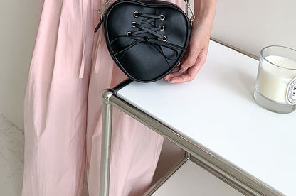 Chain Strap Heart Shaped Lace-Up Faux Leather Crossbody Bag
