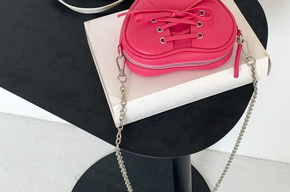 Chain Strap Heart Shaped Lace-Up Faux Leather Crossbody Bag