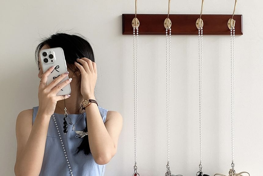 Set: Faux Pearl Strap Plain Faux Leather Crossbody Bag + Bag Charm