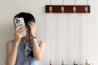 Set: Faux Pearl Strap Plain Faux Leather Crossbody Bag + Bag Charm