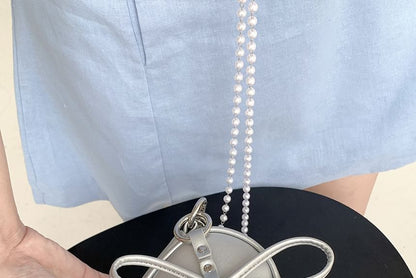 Set: Faux Pearl Strap Plain Faux Leather Crossbody Bag + Bag Charm
