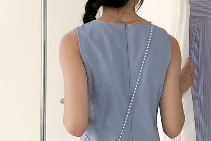 Set: Faux Pearl Strap Plain Faux Leather Crossbody Bag + Bag Charm