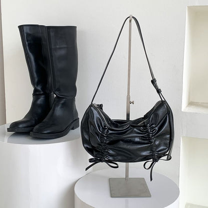 Plain Drawstring Faux Leather Shoulder Bag