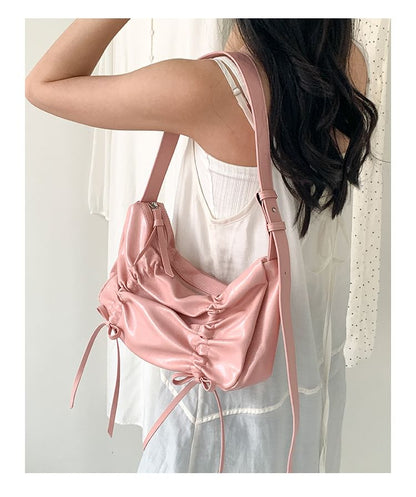 Plain Drawstring Faux Leather Shoulder Bag