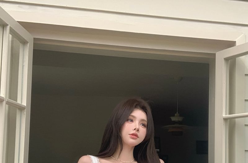 Plain Tie Front Ruched Panel Cami Top / High Rise Pleated Mini A-Line Skirt