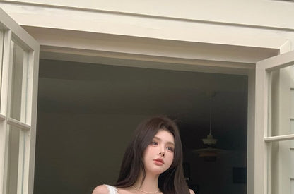 Plain Tie Front Ruched Panel Cami Top / High Rise Pleated Mini A-Line Skirt