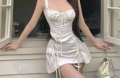 Plain Tie Front Ruched Panel Cami Top / High Rise Pleated Mini A-Line Skirt