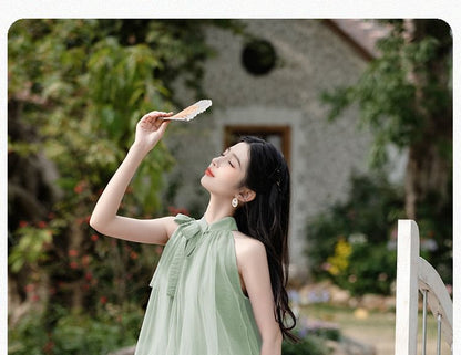 Set: Sleeveless Halter Plain Bow Blouse + High Rise Print Midi A