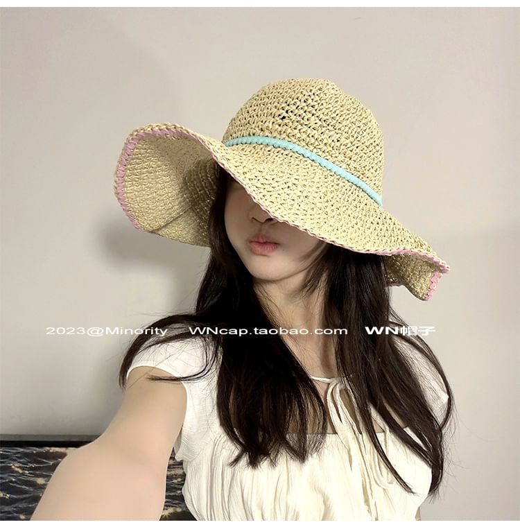 Wide Brim Summer Straw Hat With Blue Band