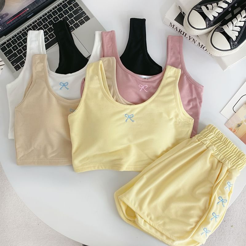 Set: Scoop Neck Bow Embroidered Padded Crop Tank Top + Elastic Waist Sweat Shorts