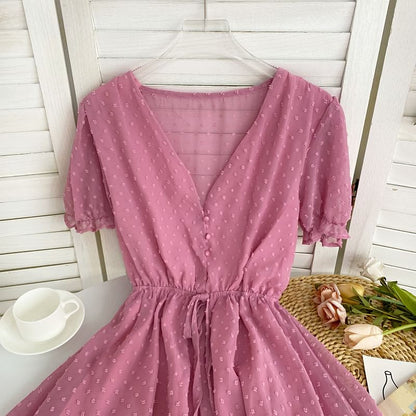 Kurzärmliger Strampler mit V-Ausschnitt, gepunktetem Kordelzug in der Taille