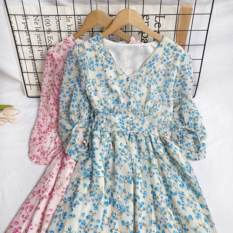 Elbow-Sleeve V-Neck Floral Print Button Midi A-Line Dress