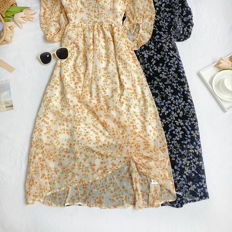 Elbow-Sleeve V-Neck Floral Print Button Midi A-Line Dress