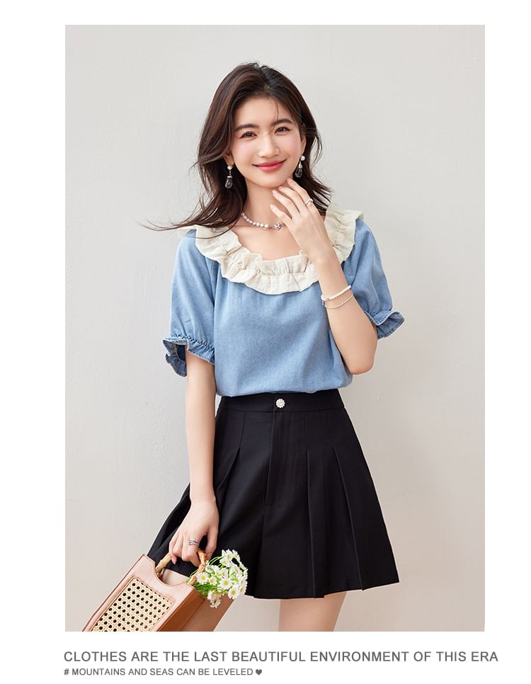 Ruffle Short Sleeve Scoop Neck Denim Top