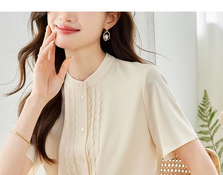 Short Sleeve Stand Collar Ruffle Trimmed Blouse