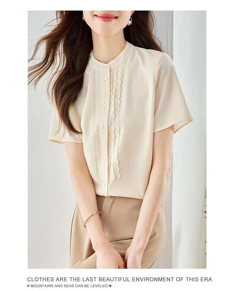 Short Sleeve Stand Collar Ruffle Trimmed Blouse