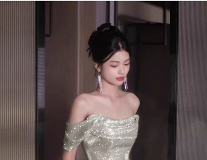 Gown Evening Sequin Plain Off-Shoulder Ruched A-Line